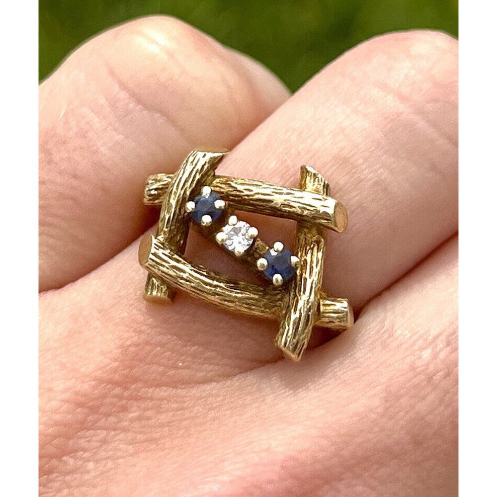 Vintage 1950’s 14k Yellow Good Bamboo Ring with Sapphires and Diamond